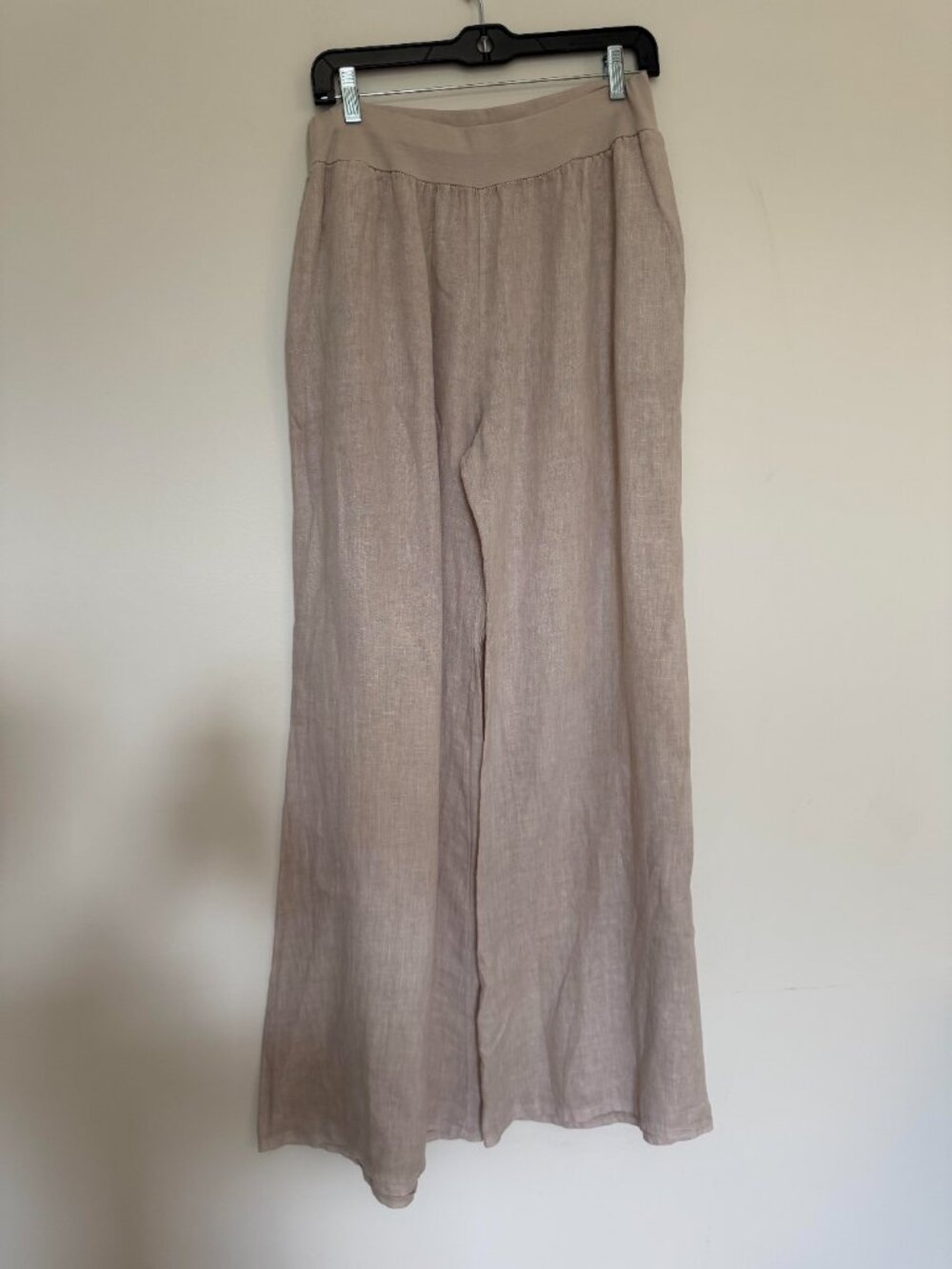 Lola Pull On High Rise Wide Leg Linen Pants Beige Italy Quiet Luxury Coastal Med
